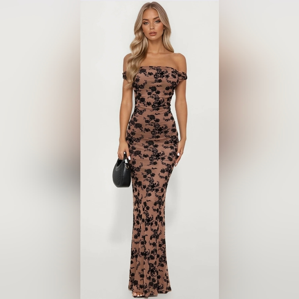 Fashion Nova Brown Off-Shoulder Floral Maxi Dress